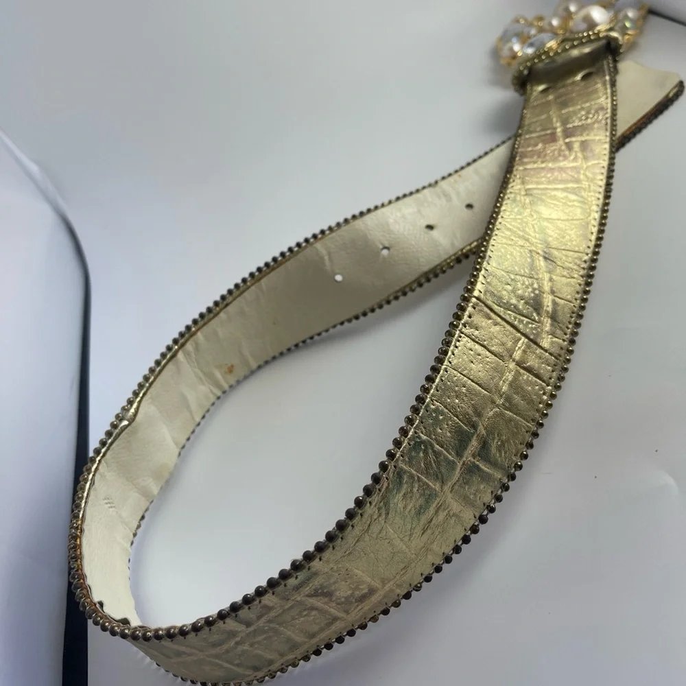 Leatherock Vintage Jeweled Gold Leather Rhinestone Belt Size S - Picture 4 of 16